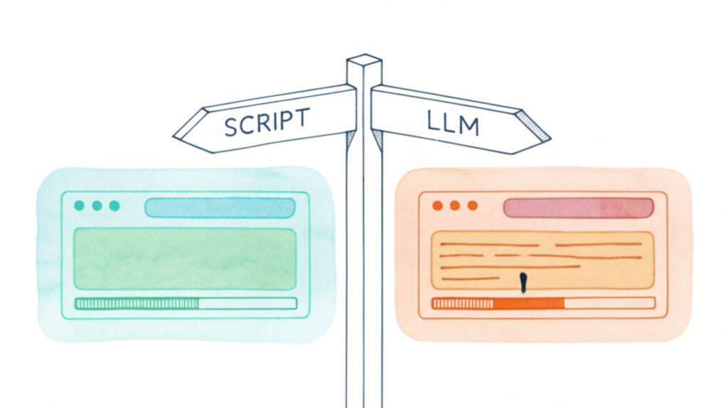 Deterministic script vs LLM — fork in road signpost
